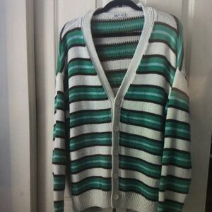 Striped Green and White Men's Cardigan
